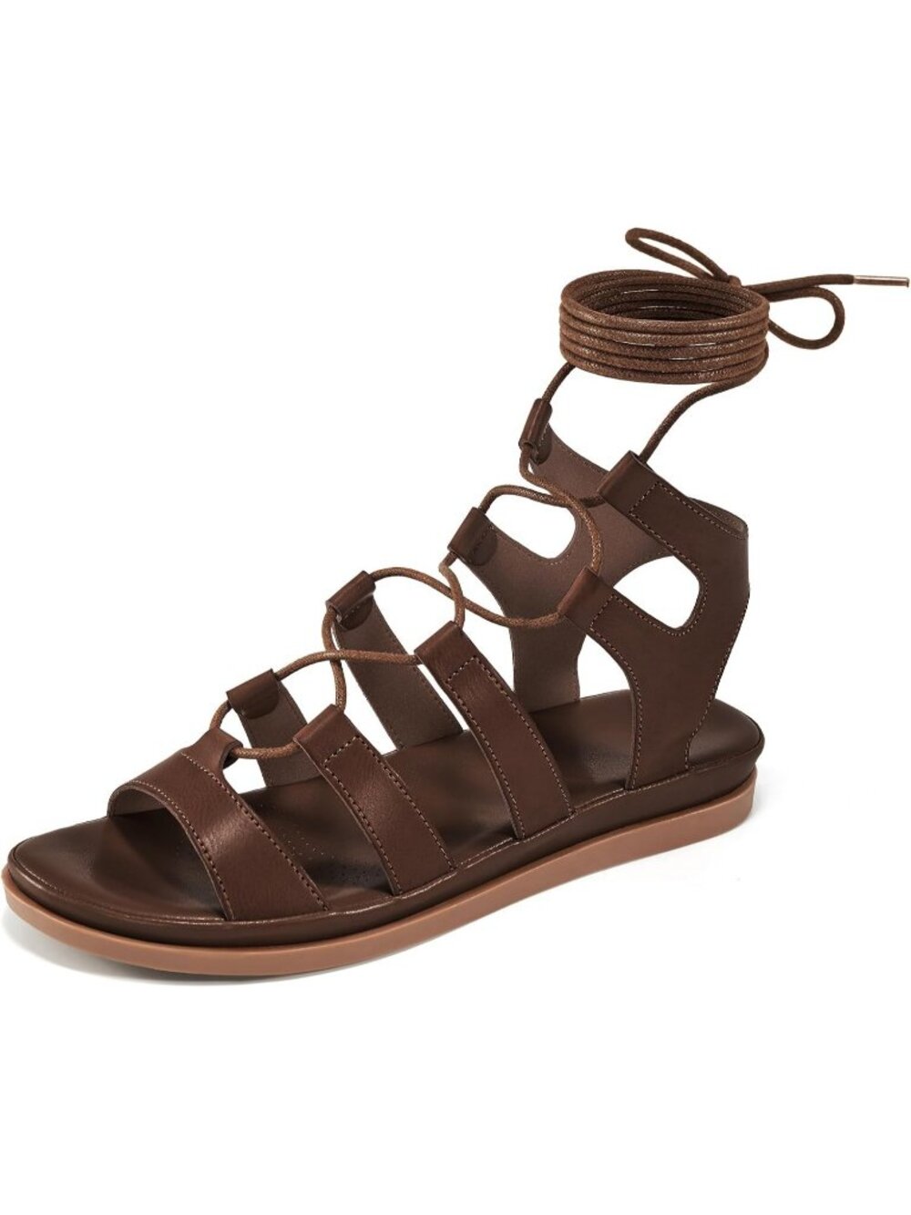 Womens All Coffee Brown Strappy Cross Lace Up Rubber Gladiator Flat Sandal Shoes